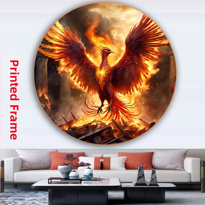 Кръгла картина на феникс и божествена птица, самозалепваща се стенна декорация за входа на хола, изобразяваща сто птици, слизащи към феникса, картина в селски стил за гости