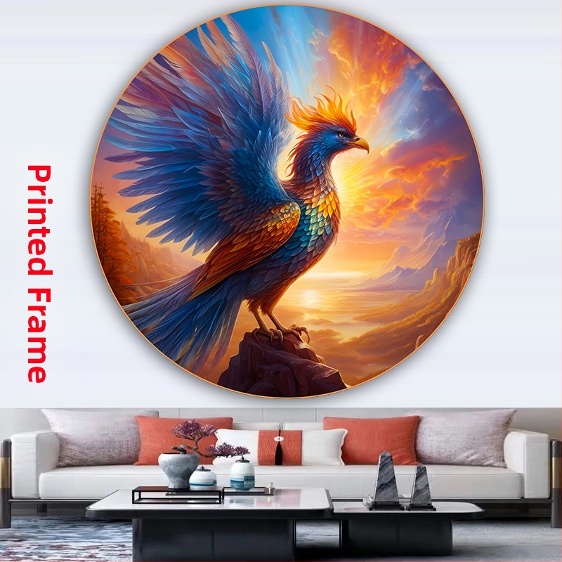 Кръгла картина на феникс и божествена птица, самозалепваща се стенна декорация за входа на хола, изобразяваща сто птици, слизащи към феникса, картина в селски стил за гости