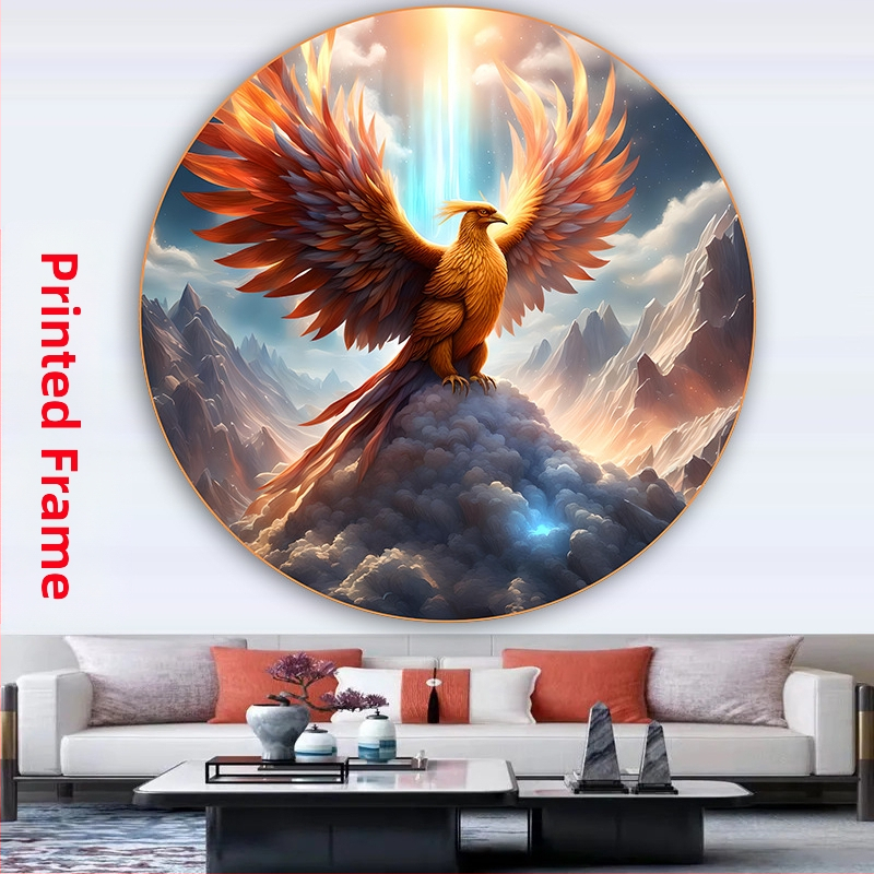 Кръгла картина на феникс и божествена птица, самозалепваща се стенна декорация за входа на хола, изобразяваща сто птици, слизащи към феникса, картина в селски стил за гости