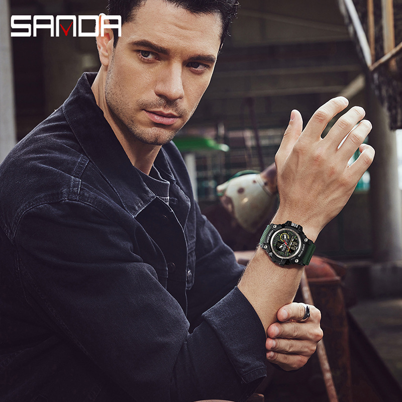 Sanda väliskaubanduse uus spordistiilis meeste tudengimoodne multifunktsionaalne kahe ekraaniga veekindel digitaalkell 3367