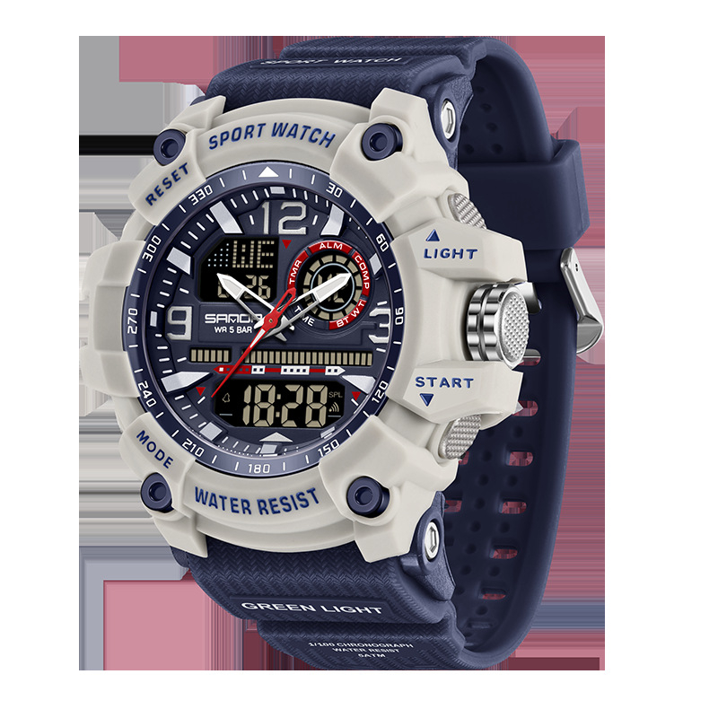 Sanda väliskaubanduse uus spordistiilis meeste tudengimoodne multifunktsionaalne kahe ekraaniga veekindel digitaalkell 3367