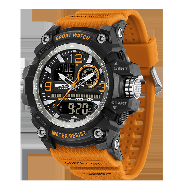 Sanda väliskaubanduse uus spordistiilis meeste tudengimoodne multifunktsionaalne kahe ekraaniga veekindel digitaalkell 3367