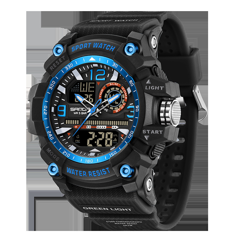 Sanda väliskaubanduse uus spordistiilis meeste tudengimoodne multifunktsionaalne kahe ekraaniga veekindel digitaalkell 3367