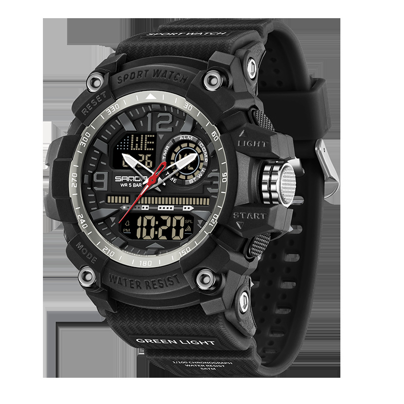 Sanda väliskaubanduse uus spordistiilis meeste tudengimoodne multifunktsionaalne kahe ekraaniga veekindel digitaalkell 3367