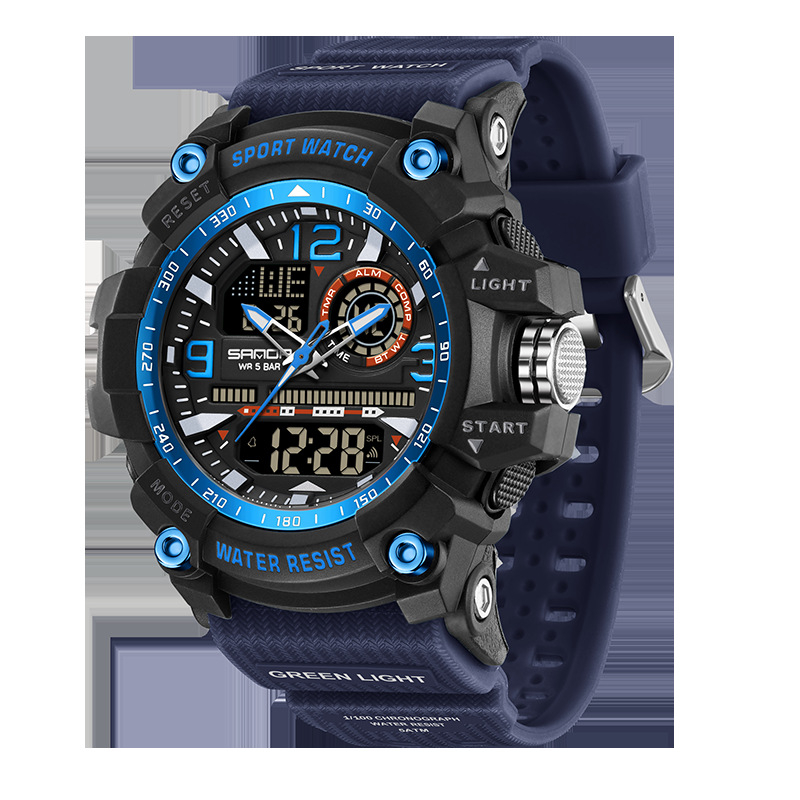Sanda väliskaubanduse uus spordistiilis meeste tudengimoodne multifunktsionaalne kahe ekraaniga veekindel digitaalkell 3367