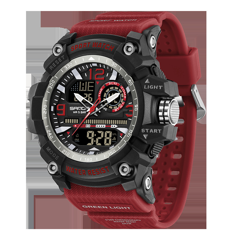 Sanda väliskaubanduse uus spordistiilis meeste tudengimoodne multifunktsionaalne kahe ekraaniga veekindel digitaalkell 3367