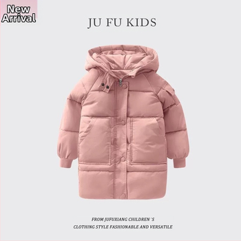 Χειμερινό παιδικό παλτό με επένδυση από πούπουλο για αγόρια και κορίτσια Κορεάτικο στυλ μεσαίου μήκους βαμβακερό μπουφάν για παιδιά, χειμωνιάτικα ρούχα, παχύ, ζεστό, μεσαίας παλίρροιας