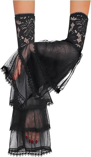 Naiste topeltgooti mustad pitsvarrukaga nõiakindad viktoriaanliku pitsvarrukaga vampiiri aksessuaarid
