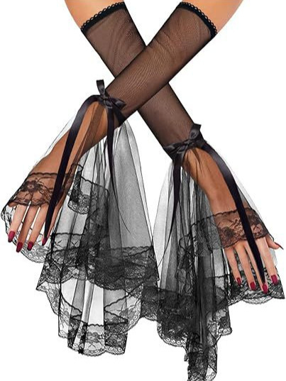 Naiste topeltgooti mustad pitsvarrukaga nõiakindad viktoriaanliku pitsvarrukaga vampiiri aksessuaarid