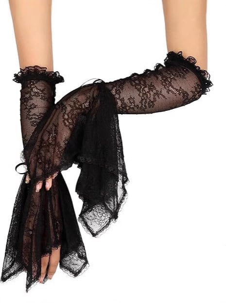 Naiste topeltgooti mustad pitsvarrukaga nõiakindad viktoriaanliku pitsvarrukaga vampiiri aksessuaarid