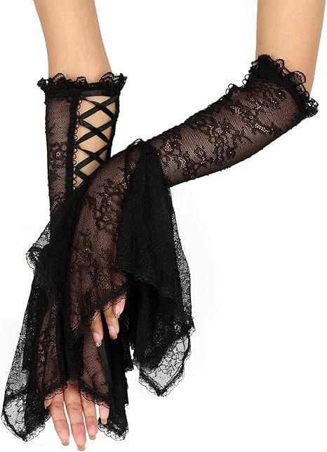 Naiste topeltgooti mustad pitsvarrukaga nõiakindad viktoriaanliku pitsvarrukaga vampiiri aksessuaarid
