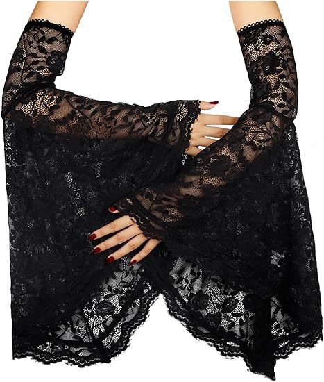 Γυναικεία διπλά γοτθικά μαύρα γάντια μάγισσας με δαντέλα και μανίκια, βικτοριανά αξεσουάρ για βαμπίρ