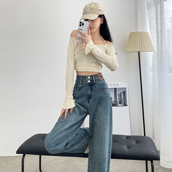 Vintage široke, ravne traperice za mršavljenje s flis podstavom, zadebljane, moderne, s dvostrukom kopčom, ležerne, visokog struka, ženske, za jesen i zimu, široke hlače