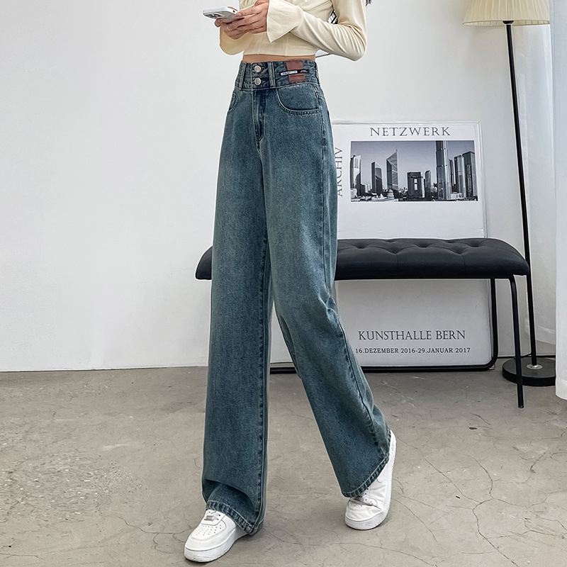 Vintage široke, ravne traperice za mršavljenje s flis podstavom, zadebljane, moderne, s dvostrukom kopčom, ležerne, visokog struka, ženske, za jesen i zimu, široke hlače