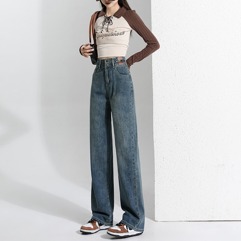 Vintage široke, ravne traperice za mršavljenje s flis podstavom, zadebljane, moderne, s dvostrukom kopčom, ležerne, visokog struka, ženske, za jesen i zimu, široke hlače