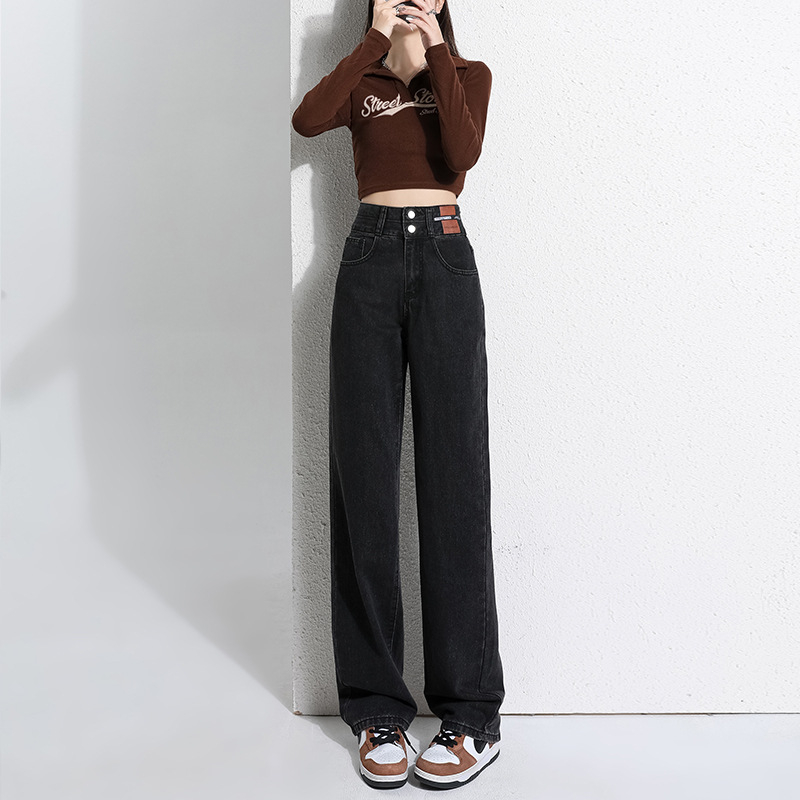 Vintage široke, ravne traperice za mršavljenje s flis podstavom, zadebljane, moderne, s dvostrukom kopčom, ležerne, visokog struka, ženske, za jesen i zimu, široke hlače