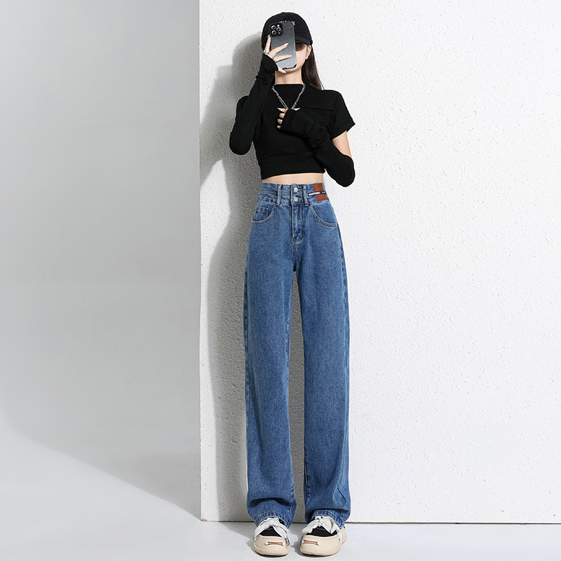 Vintage široke, ravne traperice za mršavljenje s flis podstavom, zadebljane, moderne, s dvostrukom kopčom, ležerne, visokog struka, ženske, za jesen i zimu, široke hlače