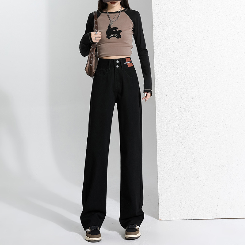 Vintage široke, ravne traperice za mršavljenje s flis podstavom, zadebljane, moderne, s dvostrukom kopčom, ležerne, visokog struka, ženske, za jesen i zimu, široke hlače