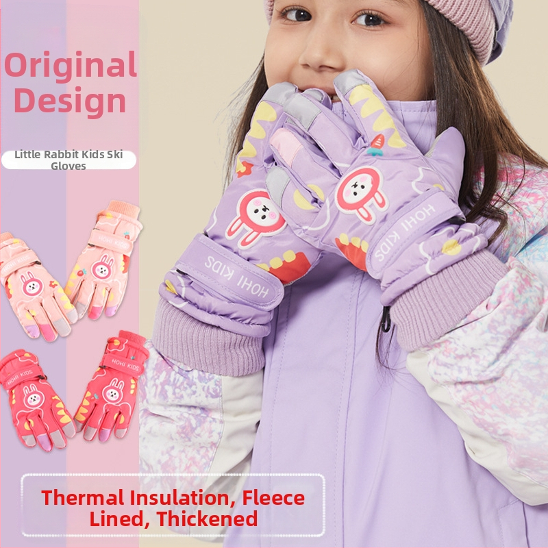 Gamintojo paruoštos zuikio formos vaikiškos slidinėjimo pirštinės žieminėms mergaitėms ir berniukams, atsparios vandeniui ir šalčiui, plius aksominė sutankinta medvilnė su „Heattech“ technologija