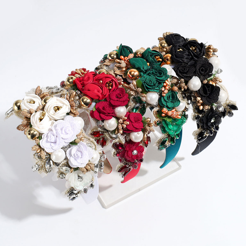 Europska i američka barokna traka za glavu s biserima od rhinestona i teške industrije, široki rub, visoka lubanja, elegantna lagana luksuzna traka za glavu s visokim fiksnim cvjetnim dodacima za kosu