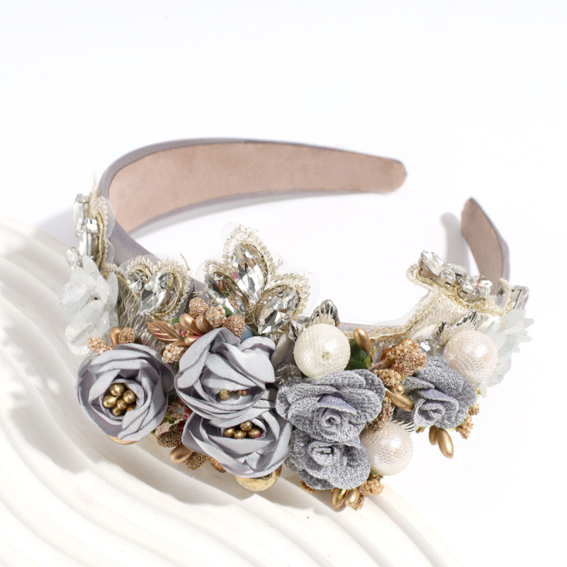 Europska i američka barokna traka za glavu s biserima od rhinestona i teške industrije, široki rub, visoka lubanja, elegantna lagana luksuzna traka za glavu s visokim fiksnim cvjetnim dodacima za kosu