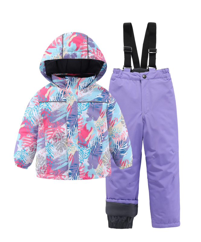 Нов детски ежедневен универсален ски комплект за момичета, яке и удебелени водоустойчиви панталони с щампа