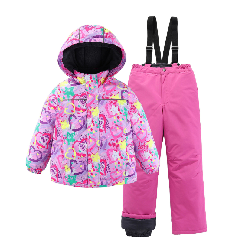 Нов детски ежедневен универсален ски комплект за момичета, яке и удебелени водоустойчиви панталони с щампа