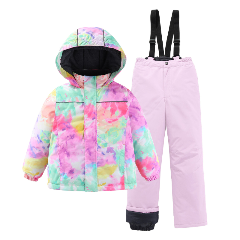Нов детски ежедневен универсален ски комплект за момичета, яке и удебелени водоустойчиви панталони с щампа