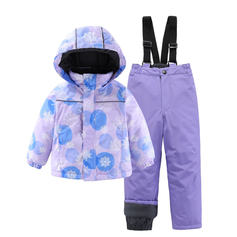 Нов детски ежедневен универсален ски комплект за момичета, яке и удебелени водоустойчиви панталони с щампа