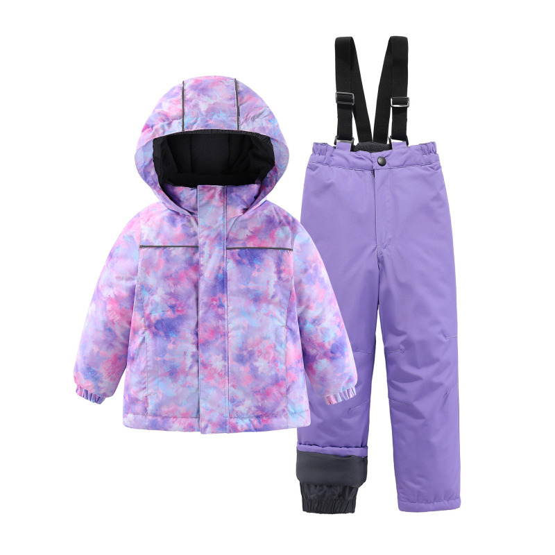 Нов детски ежедневен универсален ски комплект за момичета, яке и удебелени водоустойчиви панталони с щампа