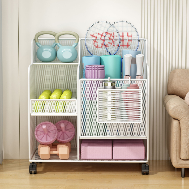 Jógaszőnyeg tároló kosár kerekekkel, fitneszfelszerelés tároló állvány, háztartási szendvics tollaslabda hab tengely tároló állvány