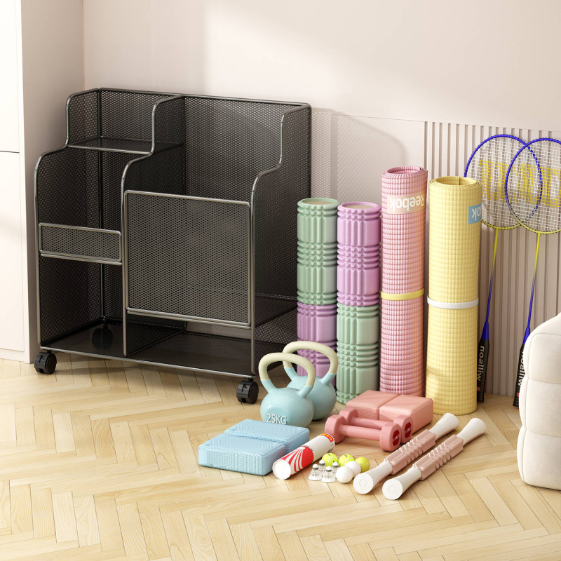 Jógaszőnyeg tároló kosár kerekekkel, fitneszfelszerelés tároló állvány, háztartási szendvics tollaslabda hab tengely tároló állvány