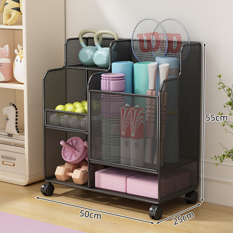 Jógaszőnyeg tároló kosár kerekekkel, fitneszfelszerelés tároló állvány, háztartási szendvics tollaslabda hab tengely tároló állvány