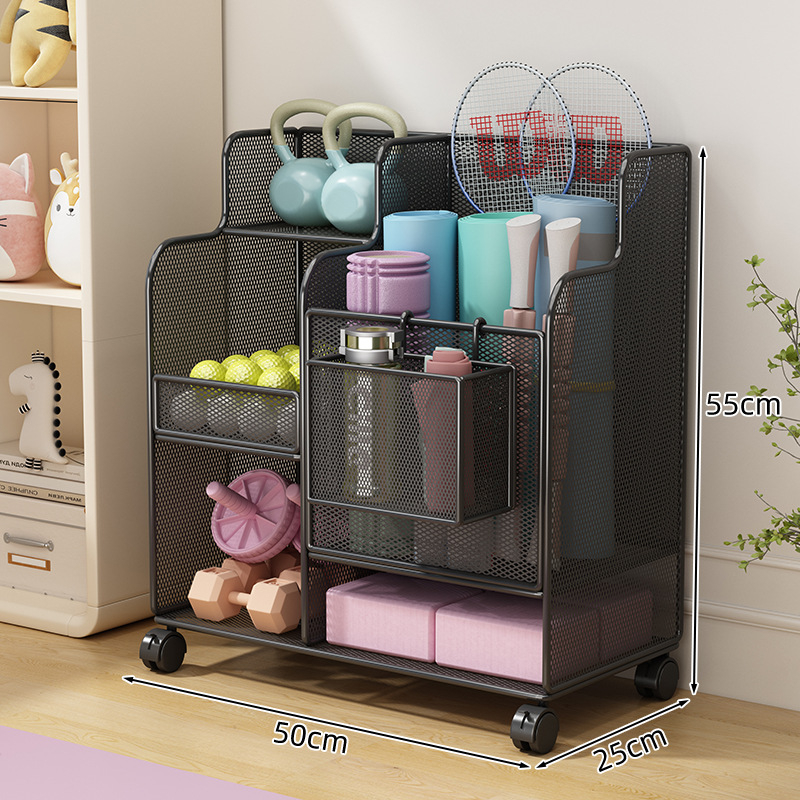 Jógaszőnyeg tároló kosár kerekekkel, fitneszfelszerelés tároló állvány, háztartási szendvics tollaslabda hab tengely tároló állvány