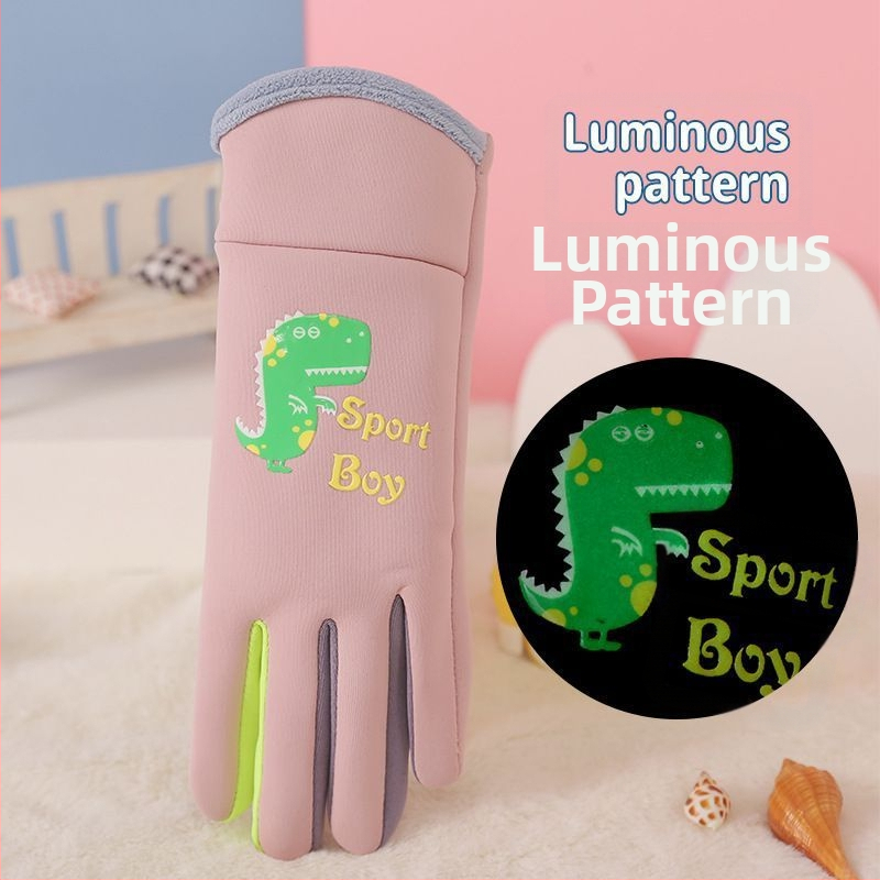 Детски топли ръкавици Little Dinosaur за есен и зима, удебелени и кадифени, за момчета и момичета, за колоездене на открито, ветроустойчиви, студоустойчиви и водоустойчиви