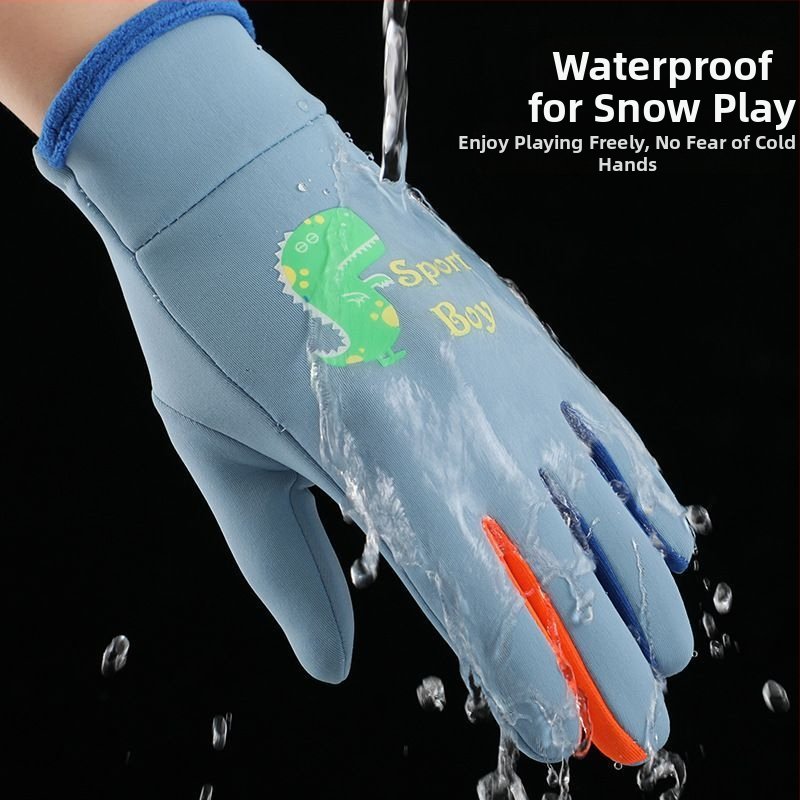 Детски топли ръкавици Little Dinosaur за есен и зима, удебелени и кадифени, за момчета и момичета, за колоездене на открито, ветроустойчиви, студоустойчиви и водоустойчиви