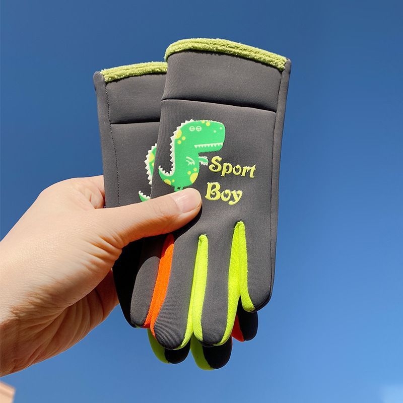 Mažo dinozauro vaikiškos šiltos pirštinės rudeniui ir žiemai, sustorintos ir aksominės, skirtos berniukams ir mergaitėms, neperšlampamos, atsparios vėjui, šalčiui ir vandeniui, važinėjimui dviračiu.