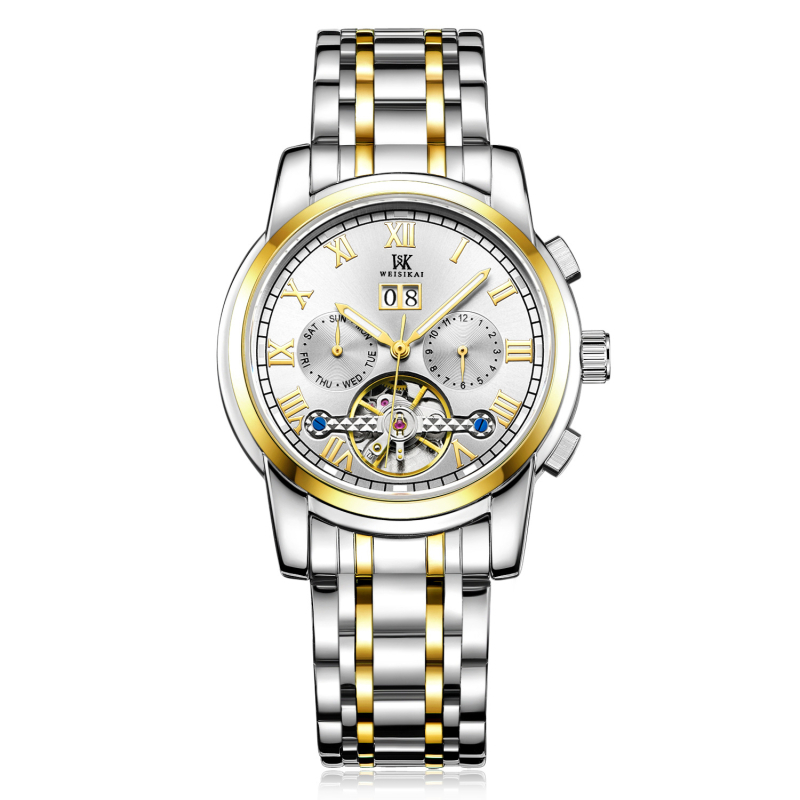 Ceas mecanic autentic [Weskay] cu volantă mare, impermeabil, pentru bărbați, de afaceri, cu explozii