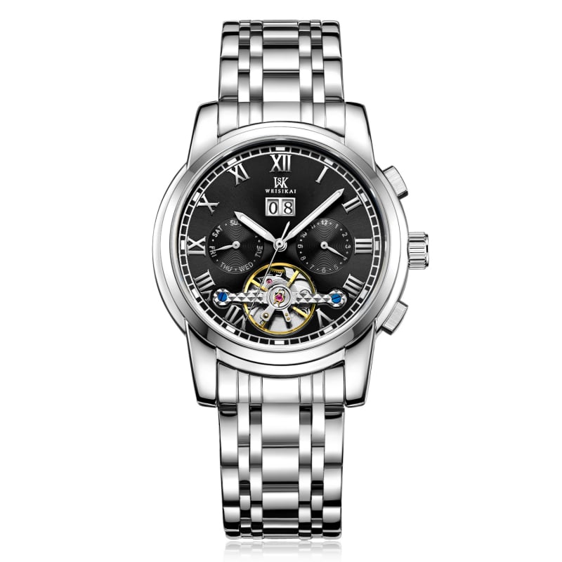 Ceas mecanic autentic [Weskay] cu volantă mare, impermeabil, pentru bărbați, de afaceri, cu explozii