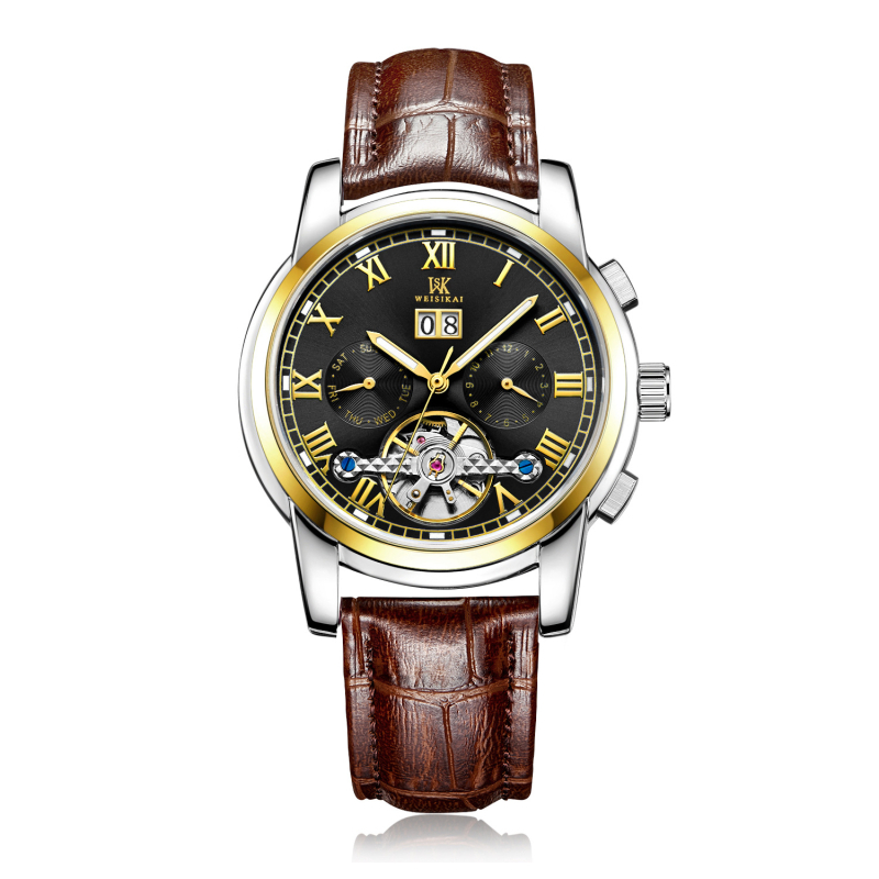 Ceas mecanic autentic [Weskay] cu volantă mare, impermeabil, pentru bărbați, de afaceri, cu explozii