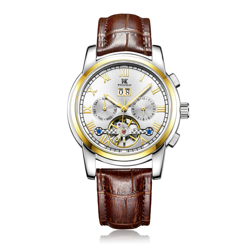 Ceas mecanic autentic [Weskay] cu volantă mare, impermeabil, pentru bărbați, de afaceri, cu explozii