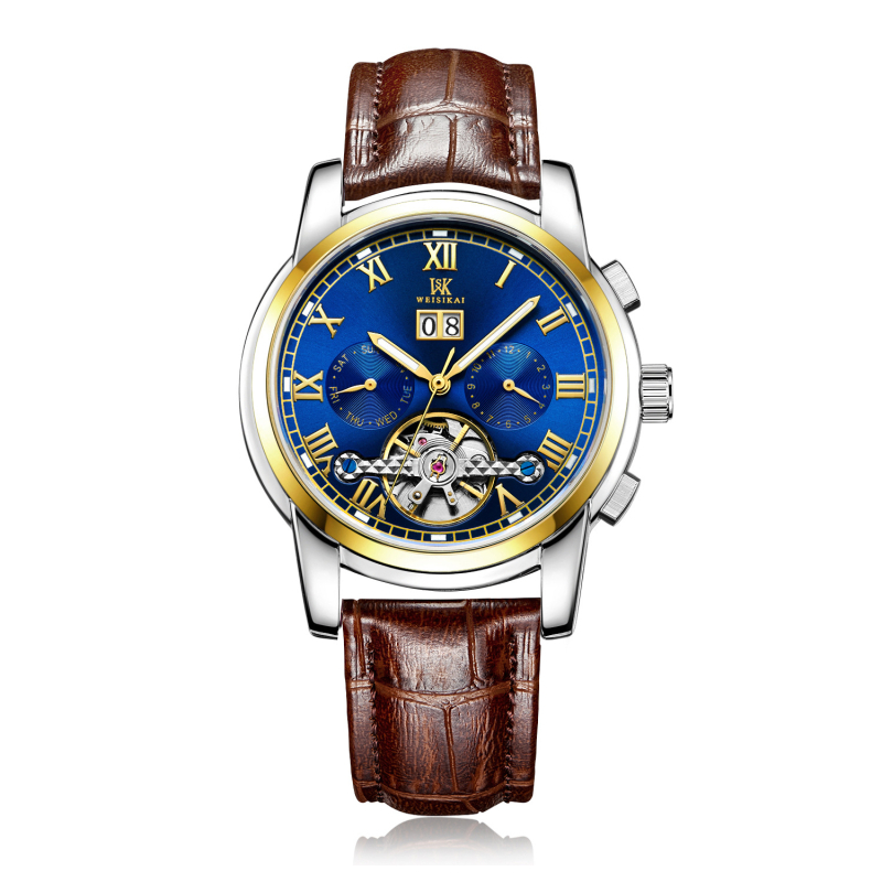 Ceas mecanic autentic [Weskay] cu volantă mare, impermeabil, pentru bărbați, de afaceri, cu explozii