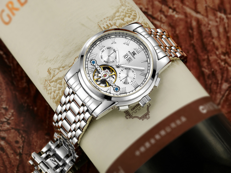 Ceas mecanic autentic [Weskay] cu volantă mare, impermeabil, pentru bărbați, de afaceri, cu explozii