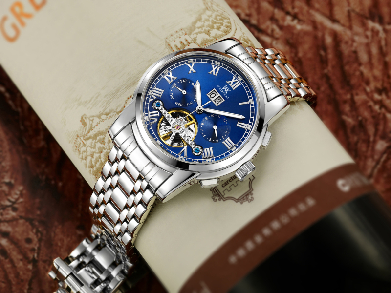 Ceas mecanic autentic [Weskay] cu volantă mare, impermeabil, pentru bărbați, de afaceri, cu explozii