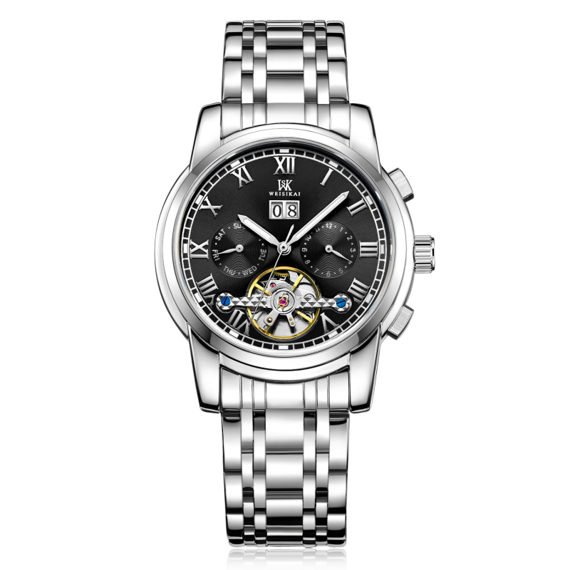 Ceas mecanic autentic [Weskay] cu volantă mare, impermeabil, pentru bărbați, de afaceri, cu explozii
