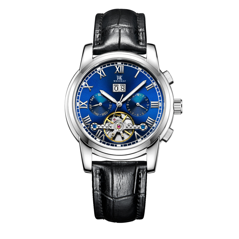 Ceas mecanic autentic [Weskay] cu volantă mare, impermeabil, pentru bărbați, de afaceri, cu explozii