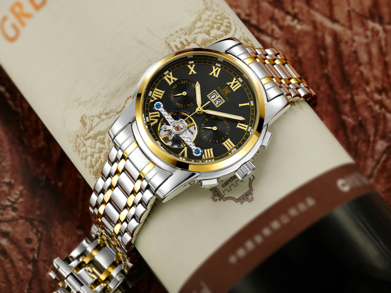 Autentisks [Weskay] liela spararata vīriešu pulkstenis, ūdensizturīgs biznesa vīriešu mehāniskais pulkstenis, automātiskie mehāniskie pulksteņa sprādzieni