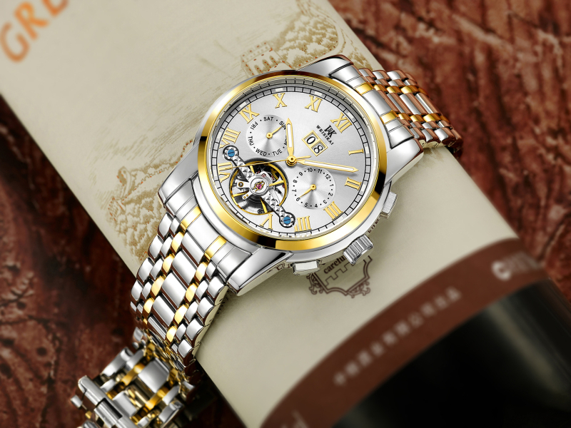 Autentisks [Weskay] liela spararata vīriešu pulkstenis, ūdensizturīgs biznesa vīriešu mehāniskais pulkstenis, automātiskie mehāniskie pulksteņa sprādzieni