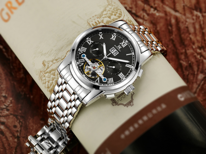 Autentisks [Weskay] liela spararata vīriešu pulkstenis, ūdensizturīgs biznesa vīriešu mehāniskais pulkstenis, automātiskie mehāniskie pulksteņa sprādzieni