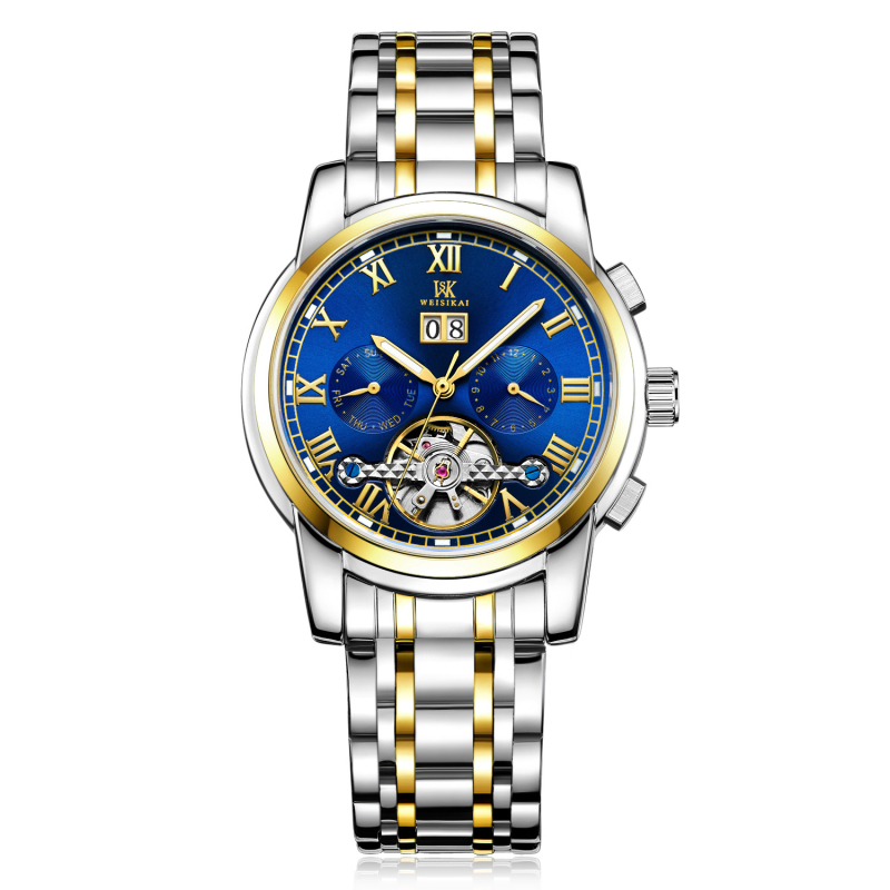 Autentisks [Weskay] liela spararata vīriešu pulkstenis, ūdensizturīgs biznesa vīriešu mehāniskais pulkstenis, automātiskie mehāniskie pulksteņa sprādzieni